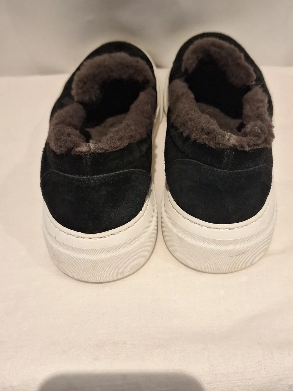 M.  GEMI Women's Black Suede Slip-On Sneakers with Gray Faux Fur Lining